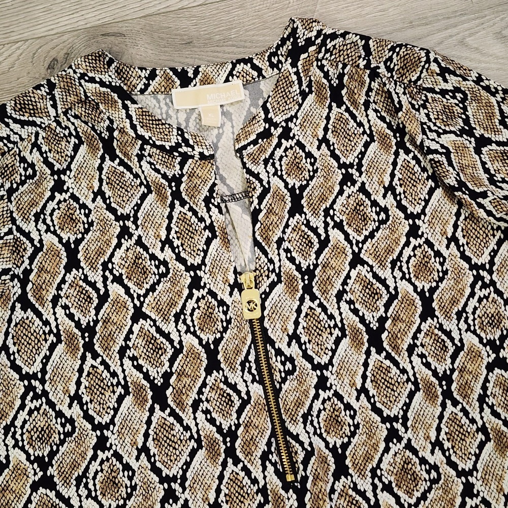 Michael Kors Top Womens XL Snake V Neck 1/2 Zip Front Roll Tab Stretch Tunic